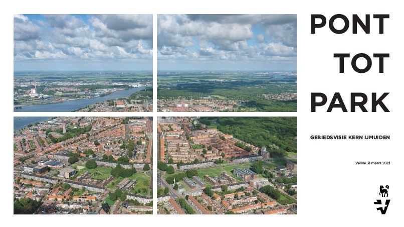 afbeelding met luchtfoto IJmuiden en tekst van pont tot park
