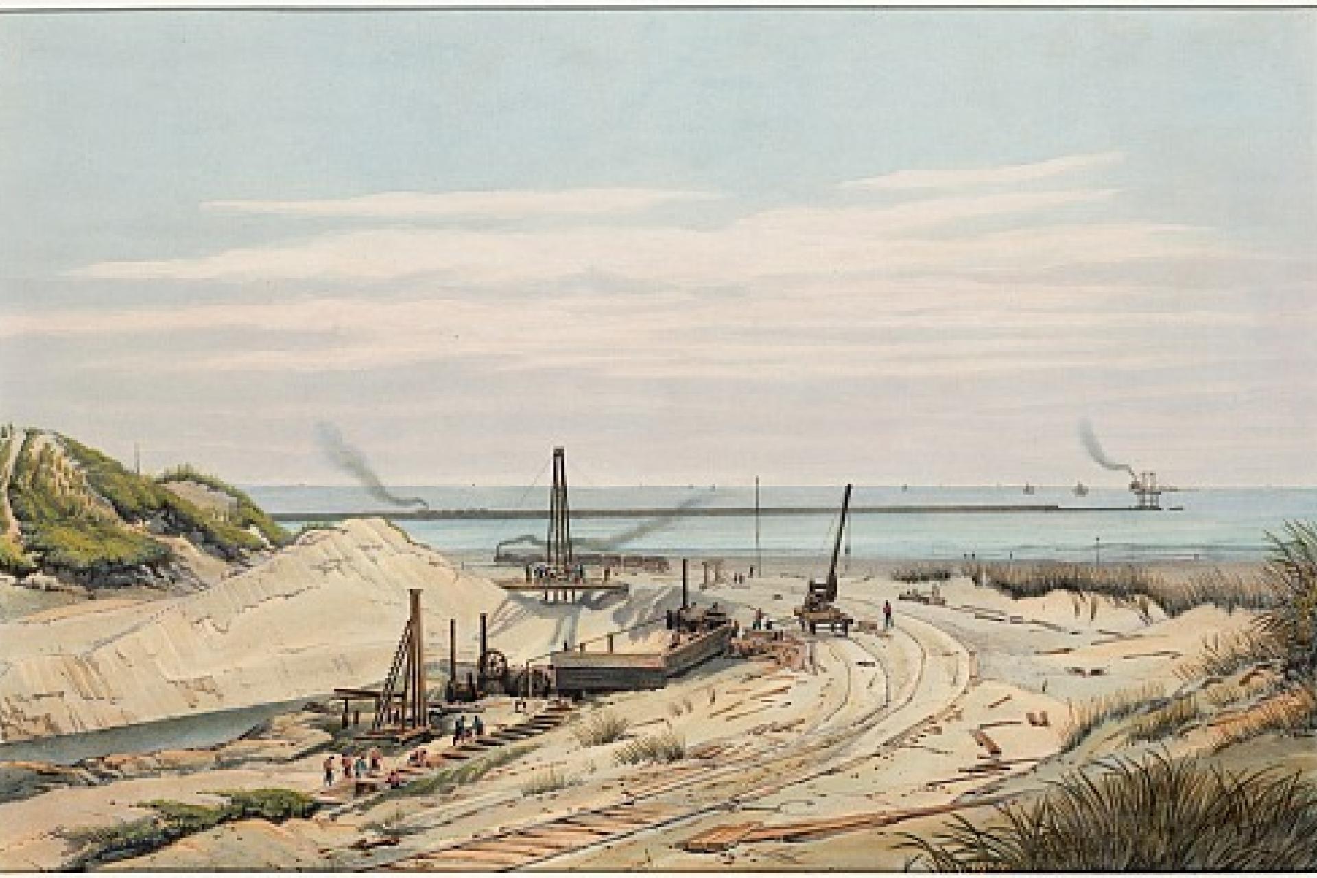 Tekening van arbeiders die werken aan de aanleg van het Noordzeekanaal