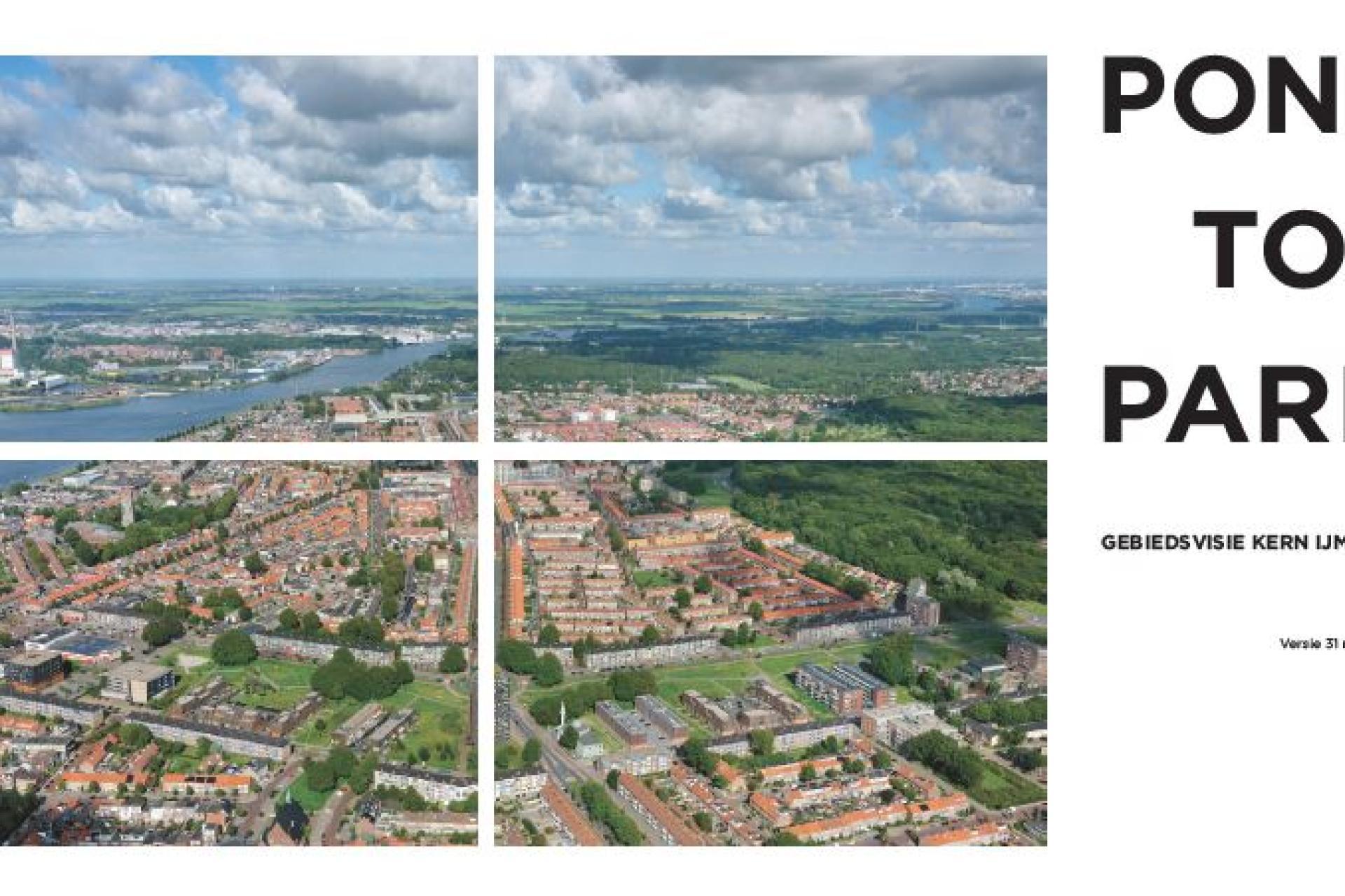 afbeelding met luchtfoto IJmuiden en tekst van pont tot park