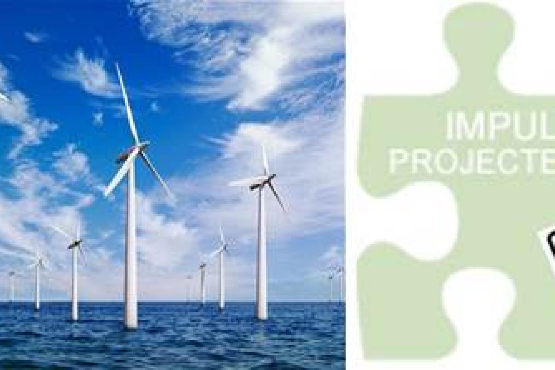 Foto van windmolens in zee en het logo van impulsprojecten
