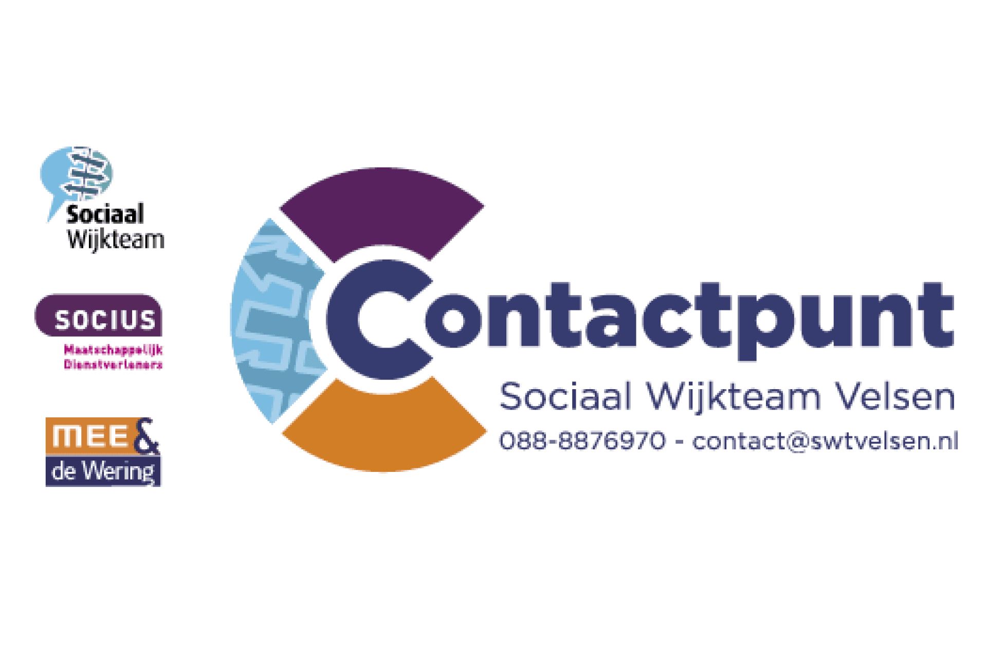 Logo Contactpunt Sociaal Wijkteam, met logo's Sociaal Wijkteam, Socius en Mee de Wering